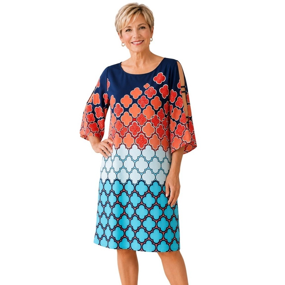 Kaari Blue Geo Print Cold Shoulder Shift Dress‎ V Back 3/4 Sleeve Womens EUC